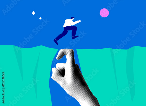 Businessman jumps through the gap between cliff. Concept of overcoming difficulties in business, crisis. Insurance, external investments, financial support. Business risk. Modern collage