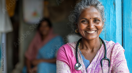 An experienced caring Indian woman doctor radiating confidence and warmth wearing a stethoscope in a home setting with a