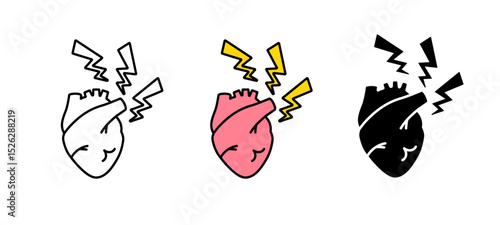 Three stylized hearts with lightning bolts, showing shock or emotional impact. color variations included.