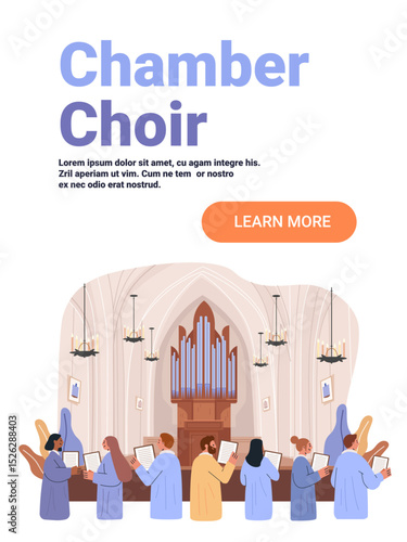 Chamber choir singing in church interior with organ chandeliers music sheets diverse singers architecture website banner