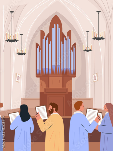 Church choir singing organ music performance stained glass interior candles people in robes holding sheet music gothic architecture flat design