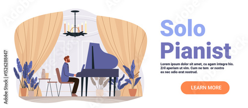 Solo pianist grand piano performance elegant room indoor concert plants chandelier curtains modern website banner