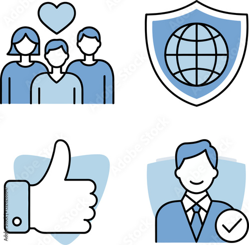 User trust and social badge icons showing like mark, profile image, group approval and verified identity symbol.