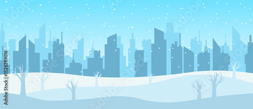 City skyline silhouetted against a winter background with snow falling gently.