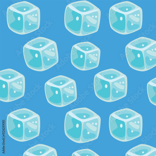 Vector pattern with square ice cubes. Ice for drinks and cocktails in a print pattern on a blue background.