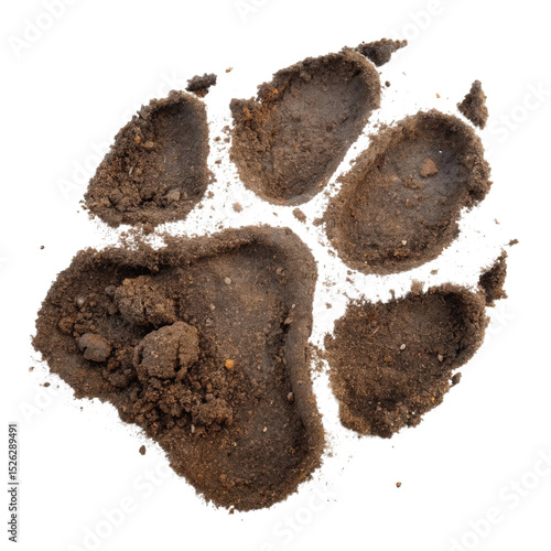 Dog paw print isolated on white background showcasing detailed texture and shape