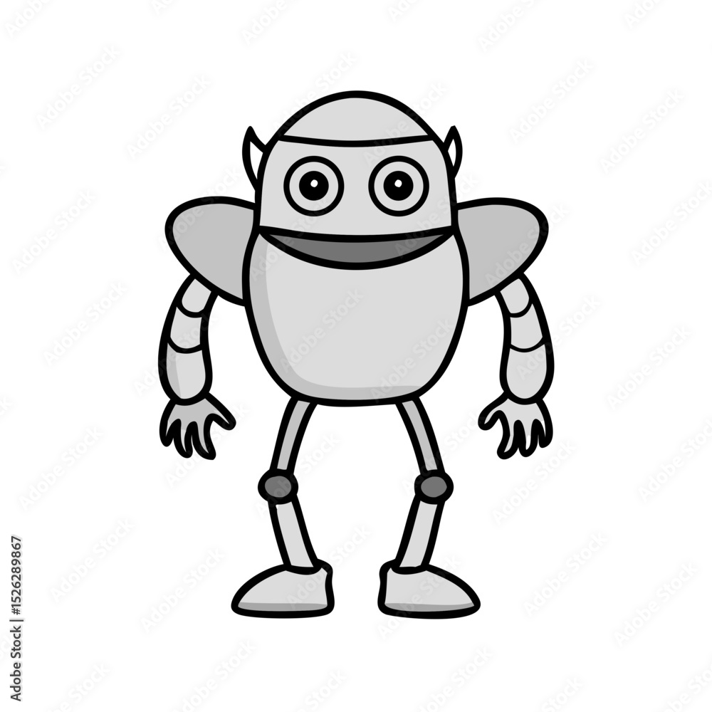 Friendly cartoon robot with big eyes and playful pose in a simple design Friendly cartoon robot with big eyes and playful pose in a simple design