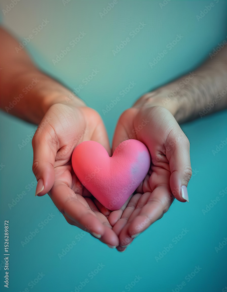 Obraz premium Close-Up of Two Pairs of Hands Holding Pink Heart Together Against Soft Blue Background, Symbolizing Love and Unity
