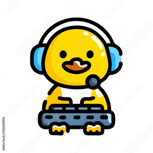 Cute yellow duck wearing headphones and a headset while playing electronic keyboard at a colorful location
