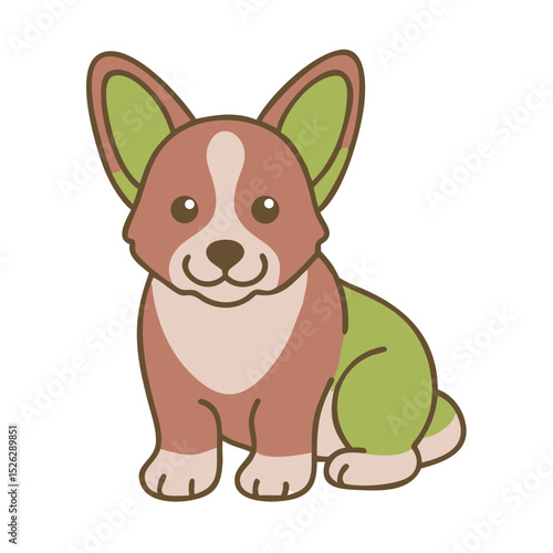Cute cartoon corgi character with distinctive colors sitting calmly in a playful pose