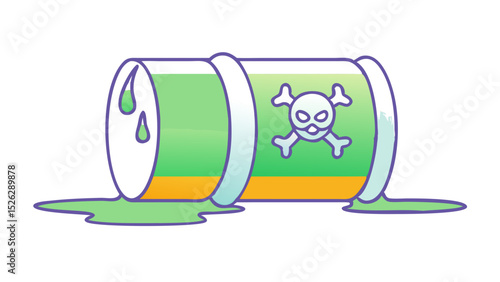 Hazardous waste container leaking toxic substance in an industrial area during daylight hours