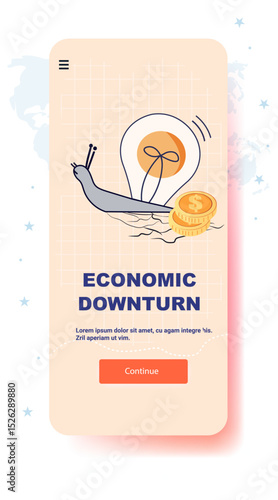 Economic downturn slow progress snail lightbulb coin financial crisis concept pastel background mobile app screen