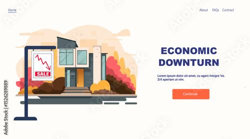 House for sale economic downturn crisis concept modern home with falling graph sign autumn landscape website banner template