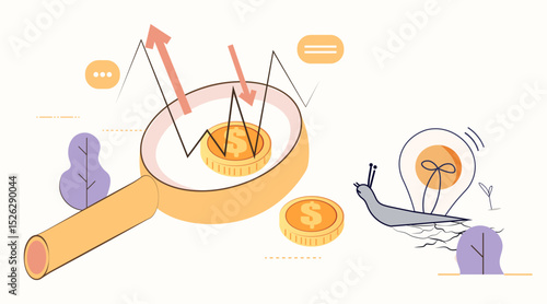 Magnifying glass coin graph arrows snail lightbulb financial crisis recession downturn slow growth concept abstract background website banner