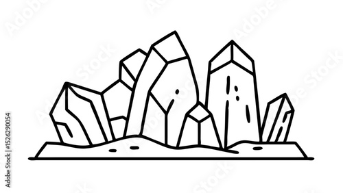 Crystalline rock formations create an intriguing natural landscape in a monochrome illustration