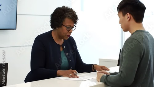 Wallpaper Mural Professional Woman Assisting Client with Documents at Reception Desk Torontodigital.ca