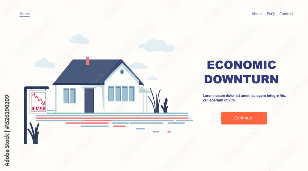 Economic downturn house for sale crisis concept residential property with declining graph sign blue modern home clouds minimal website landing page Economic downturn house for sale crisis concept residential property with declining graph sign blue modern home clouds minimal website landing page