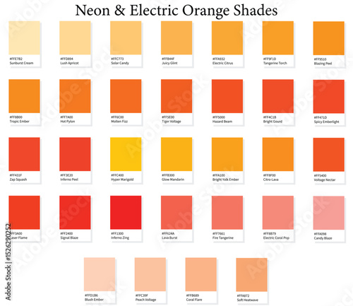 32 Neon and Electric Bright Orange Shades Color Swatches - 3d Vibrant Oranges Tones - with HEX Codes and Names, Colour Palette, Scheme and Gradient