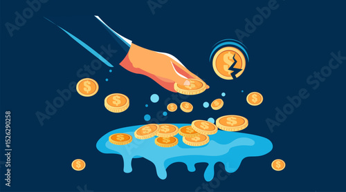 Hand dropping coins financial loss crisis concept broken coins melting puddle dark background economic downturn abstract banner