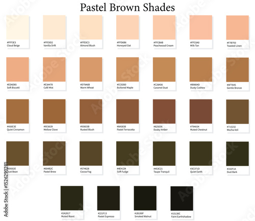 32 Pastel Brown Shades Color Swatches - 3d Light and Neutral Browns Tones - with HEX Codes and Names, Colour Palette, Scheme and Gradient