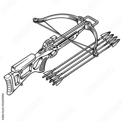 Black and White Vector Illustration of a Modern Crossbow with Arrows