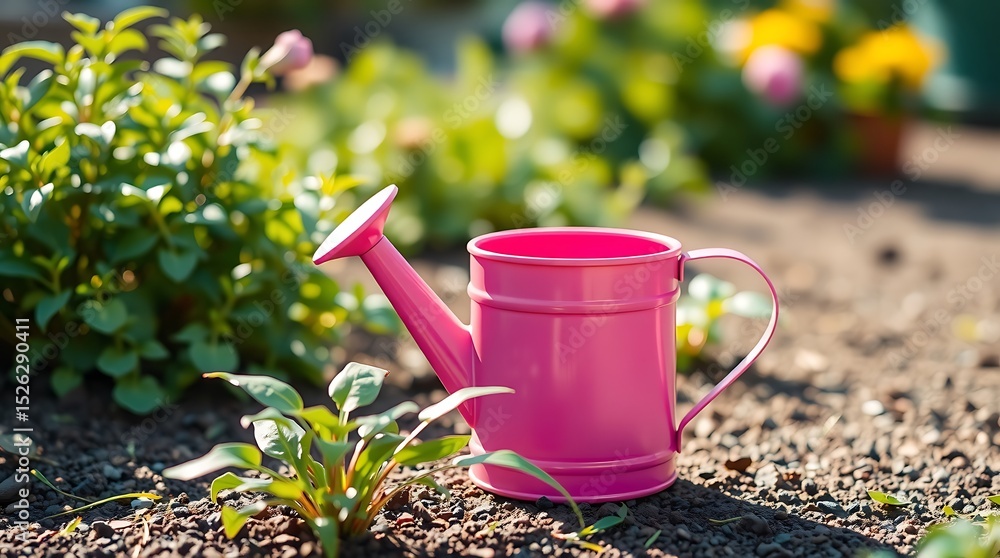A pink watering can sits amongst plants and soil in a garden on a sunny day with flowers blooming A pink watering can sits amongst plants and soil in a garden on a sunny day with flowers blooming
