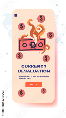 Currency devaluation burning dollar bill surrounded by coins mobile app screen pastel background economic crisis financial downturn