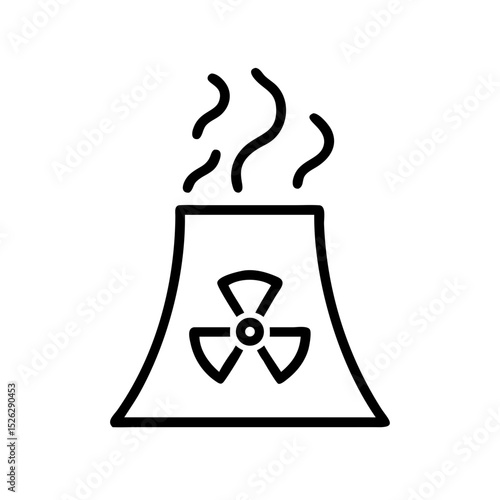 Cooling tower emits steam while displaying radioactive symbol in industrial landscape during daytime