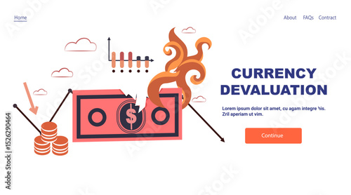Currency devaluation financial crisis burning dollar bill falling graph coins downward arrows economic recession website banner
