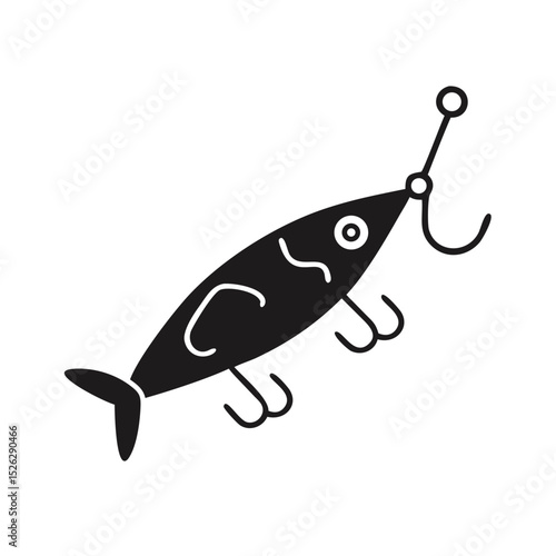 Unique black silhouette of a fishing lure with hooks showcasing its design and shape in a minimalist style