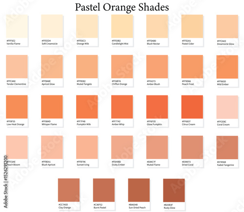 32 Pastel Orange Shades Color Swatches - 3d Light and Neutral Oranges Tones - with HEX Codes and Names, Colour Palette, Scheme and Gradient