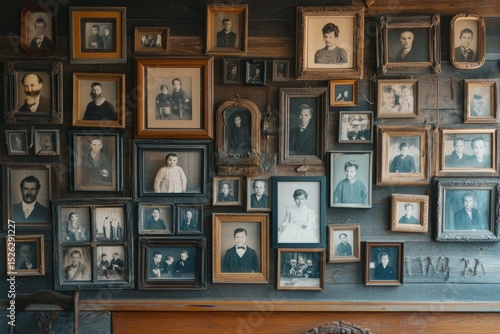 Vintage family photos create a nostalgic gallery wall, showcasing generations of family history