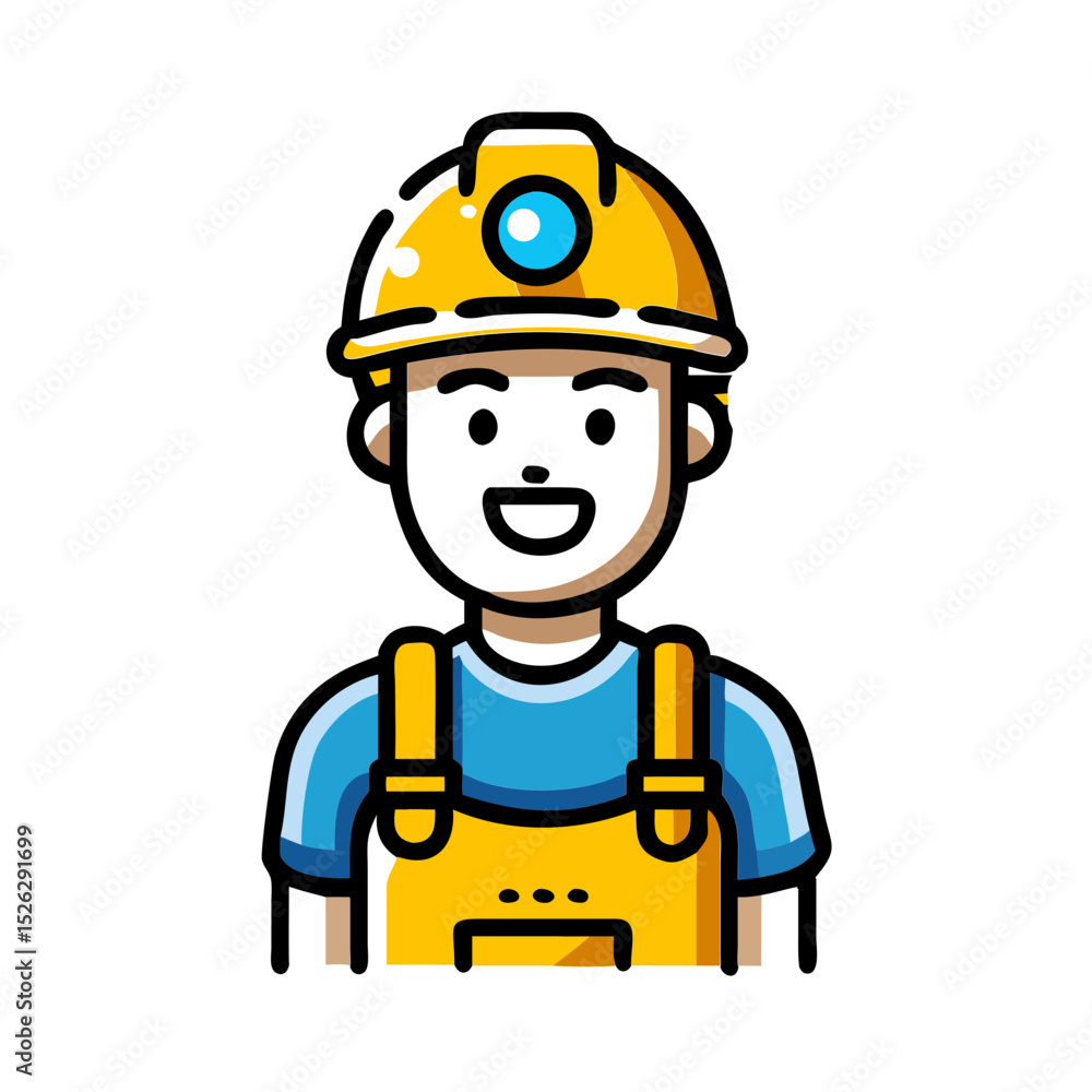 Construction worker wearing a yellow hard hat and blue shirt smiles warmly while standing on a job site Construction worker wearing a yellow hard hat and blue shirt smiles warmly while standing on a job site