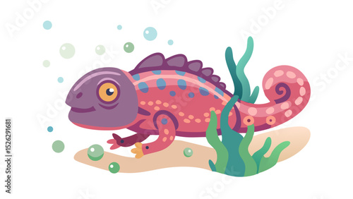 Colorful cartoon chameleon swimming through a vibrant underwater habitat in a playful cartoon style