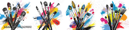 Paint Brushes Vector Illustration with Colorful Splashes Isolated on White.