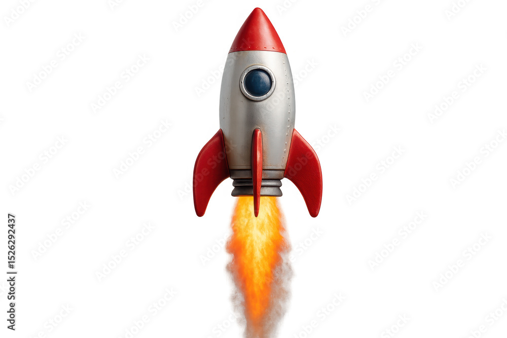 Red and silver rocket launching against a transparent background, perfect for space exploration, startup, and innovation concepts Red and silver rocket launching against a transparent background, perfect for space exploration, startup, and innovation concepts