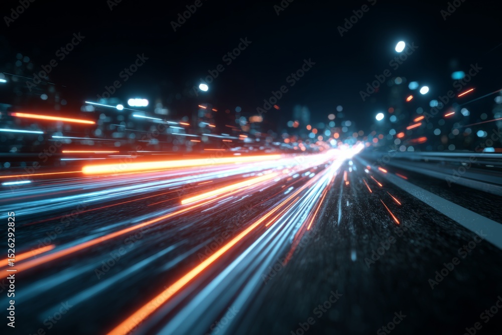 Obraz premium highway with light trails in a city, metaphor for connectivity speed 