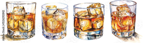 Whiskey Glasses Watercolor Vector Illustration on White Background