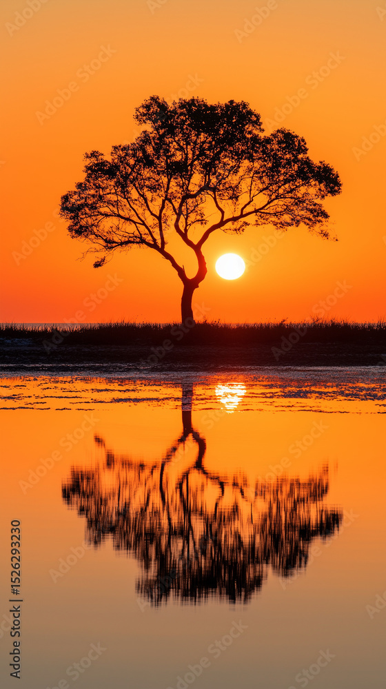 Fototapeta premium Solitary tree in peaceful silhouette representing serenity against a vivid orange sunset with lake reflection