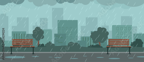 City panorama with rain, benches, and tree silhouettes. overcast clouds above urban building outlines.