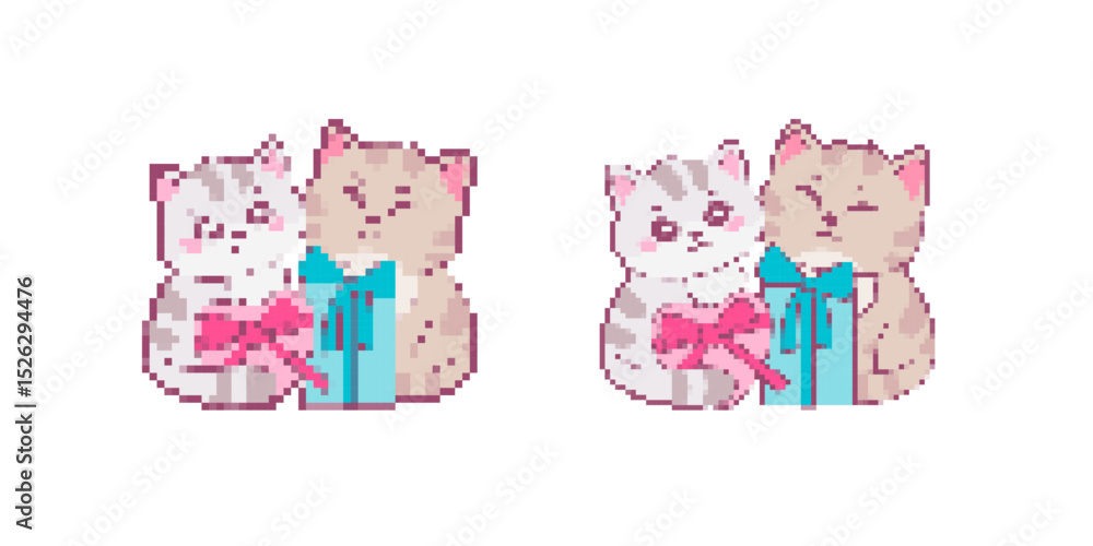Adorable pixel art of two kittens with gift boxes and bows in soft pastel tones, perfect for Valentine’s Day, birthdays, or romantic themes. Adorable pixel art of two kittens with gift boxes and bows in soft pastel tones, perfect for Valentine’s Day, birthdays, or romantic themes.
