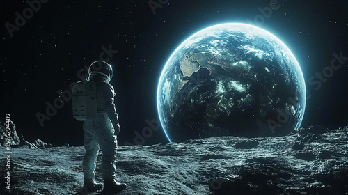 Fototapeta Naklejka Na Ścianę i Meble -  An Astronaut standing on the moon looking at a large earth like planet