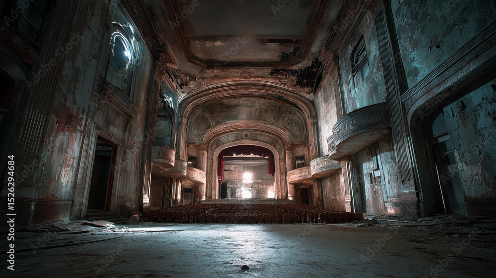 Fototapeta premium Derelict theater with peeling paint bathed in side light, eerie beauty theme