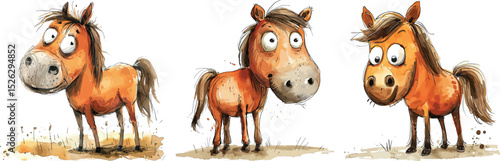 Cartoon Horse Vector Illustration. Three Funny Horses on White Background.