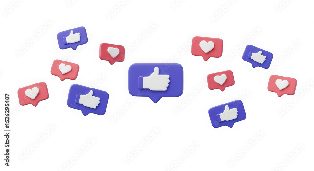 Fototapeta premium Floating like and heart notification icons on a plain transparent background space