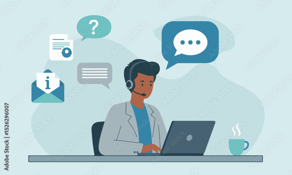 Male Customer Support Representative with Laptop. Man with headset on laptop, surrounded by communication icons: symbolizing a professional customer service or technical support role Male Customer Support Representative with Laptop. Man with headset on laptop, surrounded by communication icons: symbolizing a professional customer service or technical support role