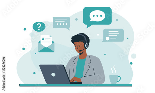 Male Customer Support Representative with Laptop. Man with headset on laptop, surrounded by communication icons: symbolizing a professional customer service or technical support role