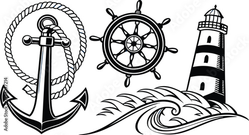 Nautical Anchor Lighthouse Ship Wheel Design Graphic for Branding and Logos