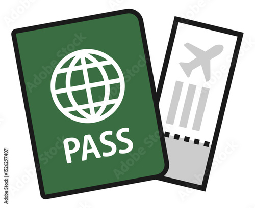 緑のパスポートと搭乗券のアイコンイラスト