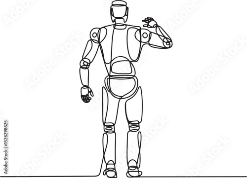 continuous single line drawing of a humanoid robot viewed from behind with mechanical details in a technical industrial style